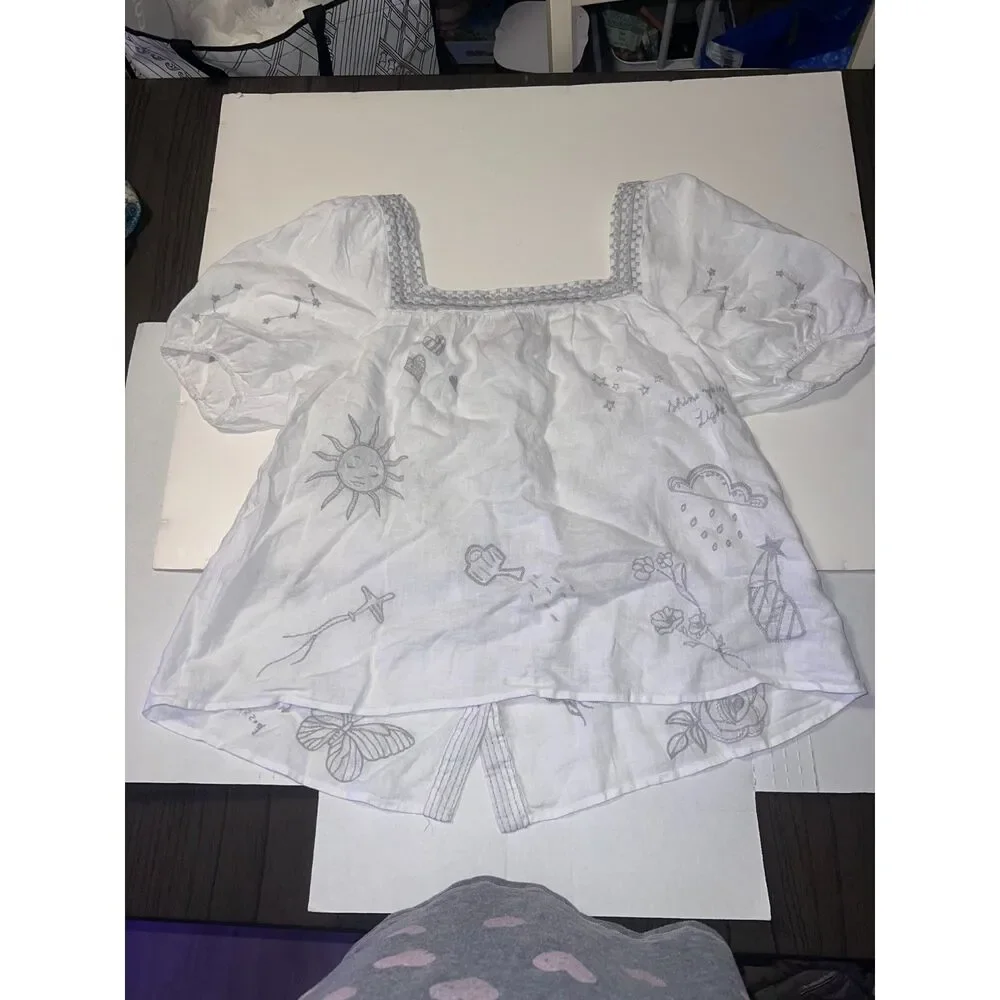 Johnny Was Sovanna Wander Embroidered Linen Top White Square Neck Blouse